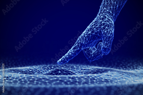 Concept of growing influence of Artificial Intelligence on life, business and information technologies. Abstract visualization of Machine Learning. Touching new knowledge. EPS10, vector illustration.