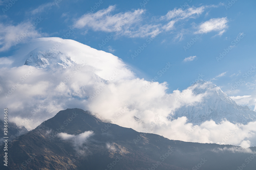 mountain view in himalayas annapurna base camp with cloud