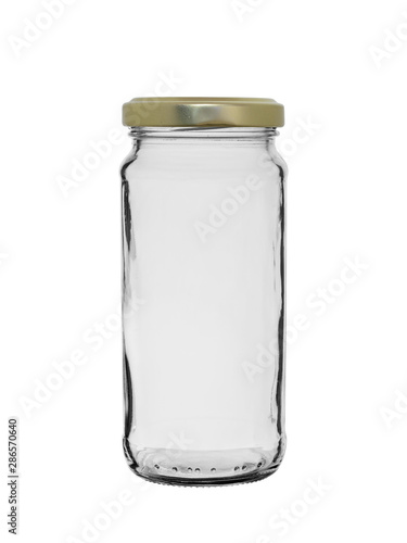 empty open glass jar on a white background