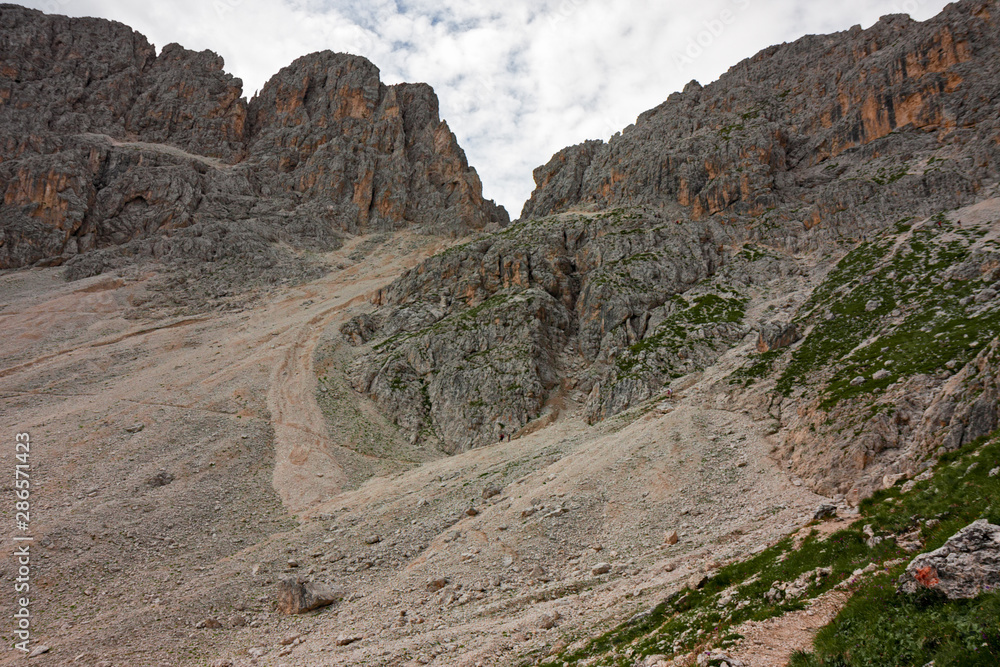 Panoramic view of towers and peaks of the Dolomites of the Catinaccio group