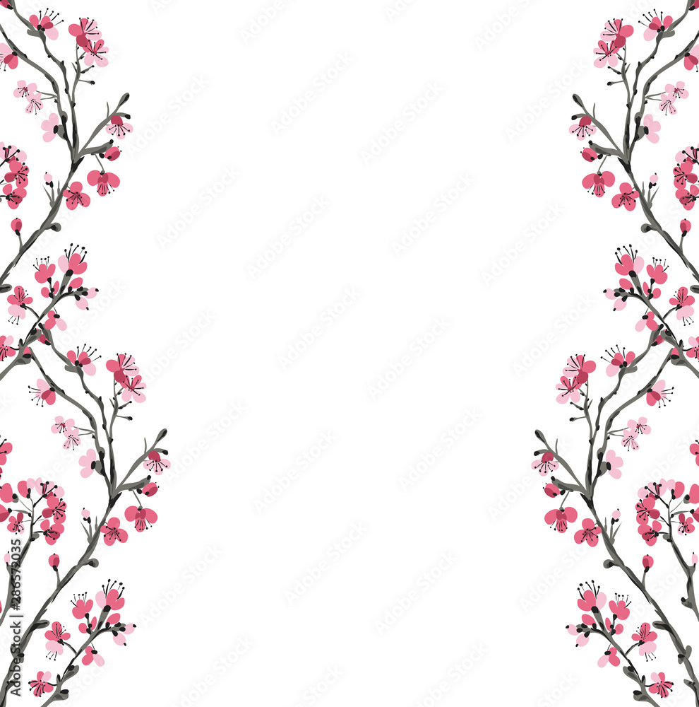 Cherry blossom branch flowers frame. Sakura spring tree. Chinese or Japanese traditional tree- Vector