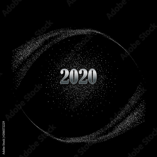Vector silver glitter wave abstract background, silver sparkles on black background.