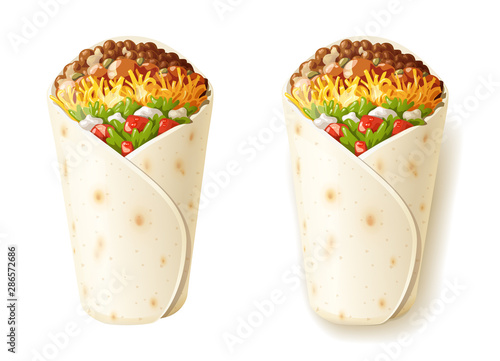 Burrito. Mexican National Traditional Food. Burritos with Cheese, Tomato, Stuffing, Tortilla. Isolated on White Background. Corn wrap, salad leaves, tomatoes, cheese and chicken. Vector illustration.