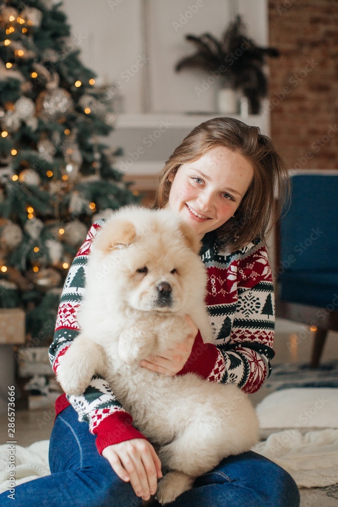 Happy girl with dog in Christmas decorations Happy girl with dog in Christmas decorations