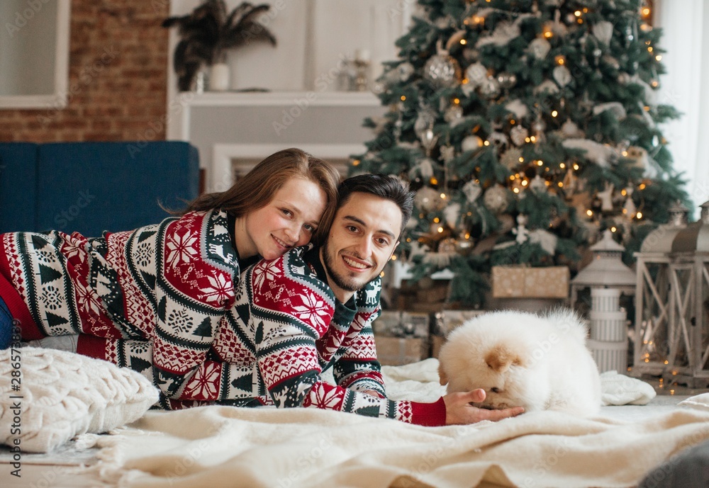 Beautiful new-year portrait of the young falling in love together with the dog of чаучау in Christmas decorations Beautiful new-year portrait of the young falling in love together with the dog of чаучау in Christmas decorations