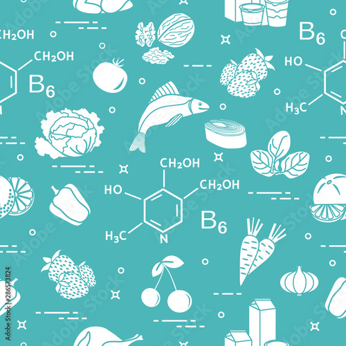 Seamless pattern with foods rich in vitamin B6.
