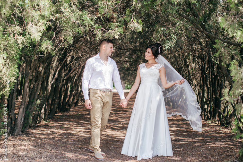 Bride and Groom at wedding Day walking Outdoors on nature. Bridal couple, Happy Newlywed woman and man embracing in green park. Loving wedding couple outdoor. 