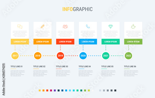 Infographic template. 6 steps square design with beautiful colors. Vector timeline elements for presentations.