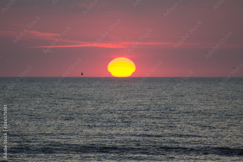 The setting sun touches the red horizon. The setting sun touches the red horizon.