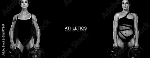 Sport concept. Black and white photo. A strong athletic, women isolated on black with barbell plates, wearing in the sportswear, fitness and sport motivation. Individual sports. Sports recreation.
