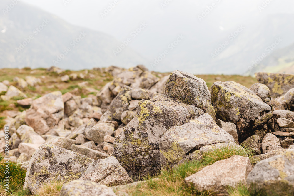 Stone landscape, Standing empty on top of a mountain view. Trekking and tourism concept. High mountain landscapes.