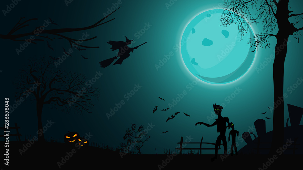 Halloween background, night landscape with big blue full moon, zombie, witches and pumpkins