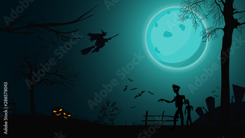 Halloween background, night landscape with big blue full moon, zombie, witches and pumpkins © DDevicee