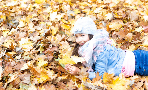 h  bsches  kleines M  dchen mit braunen Haaren im Park im Herbst 