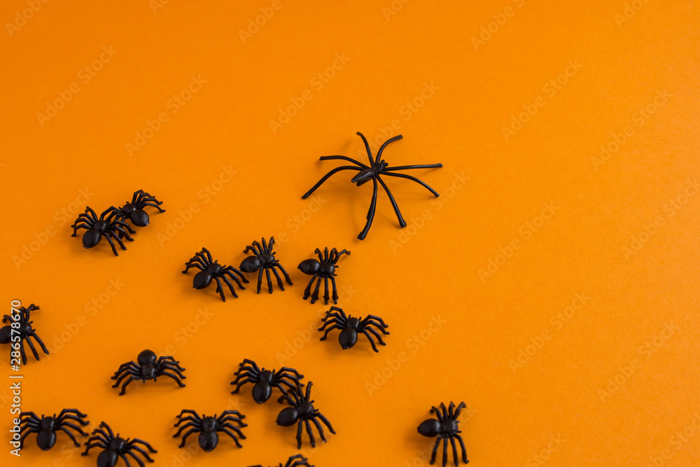 Halloween background. Traditional halloween decor. Spiders on an orange background. Place for text.