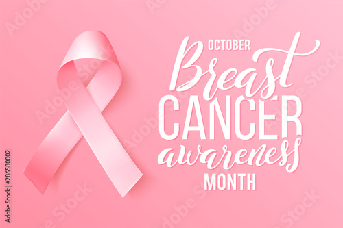 Realistic pink ribbon. Symbol of world breast canser awareness month in october. Vector illustration.