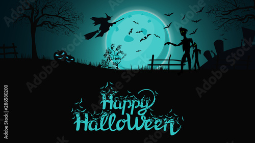 Halloween background, template for your creativity with night landscape with big blue full moon, zombie, witches and pumpkins. Template with space for text