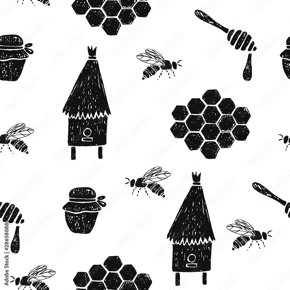 Seamless pattern with honeycomb, bees, beehive, jar, spoon.