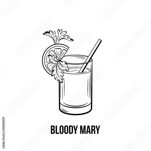 Bloody Mary vector black and white illustration. Strong tomato drink shot with celery and lemon on glass. Alcoholic beverage with straw ink drawing. Restaurant menu, poster design element