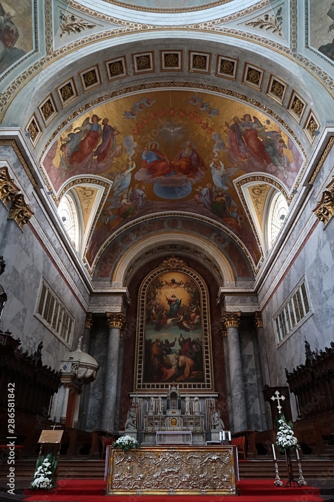 Main altar of Esztergom Primatial Basilica of the Blessed Virgin Mary Assumed Into Heaven and St Adalbert with painting Assumption of the Blessed Virgin Mary, by Girolamo Michelangelo Grigoletti.