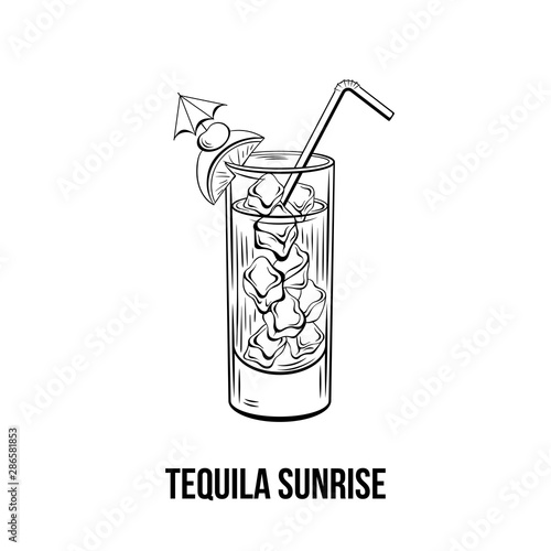 Tequila sunrise black and white illustration. Juicy cocktail with ice, cherry and orange slice on glass ink drawing. Refreshing beverage, strong drink. Restaurant menu, poster design element