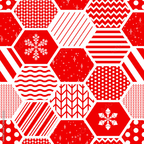Seamless vector honeycomb pattern in patchwork style. Design for christmas wrapping, fabric, textile.
