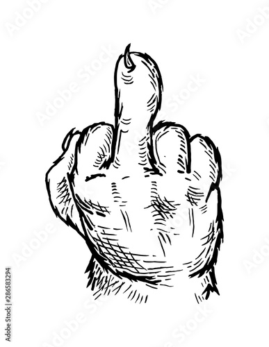 Cat paw show middle finger. Sign fuck you. Vector engraving
