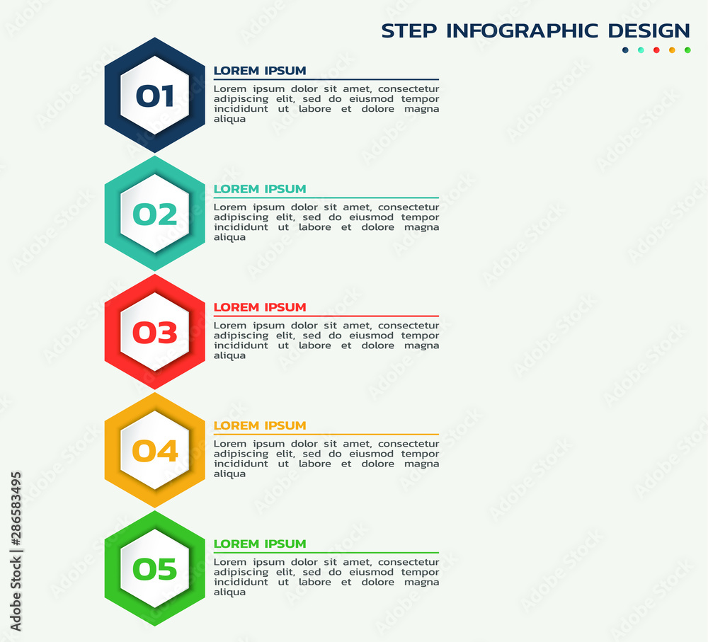 five steps infographic. process flowchart with color hexagons and text ...
