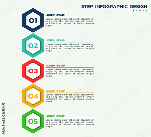 five steps infographic. process flowchart with color hexagons and text