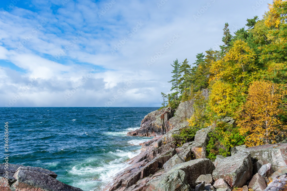 Fall colors along the rocky shoreline of Lake Superior