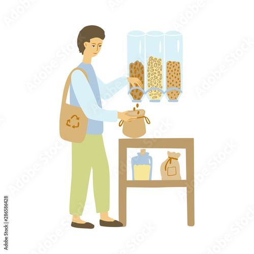 Zero waste shop. Man with a cloth shopping bag.