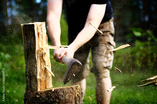 Strong strong man in protective pants splits with an ax log. Slivers of dust fly. Logging firewood. sunny day