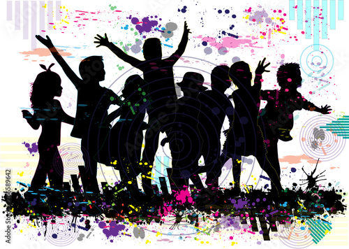 Vector silhouette of children, abstract background