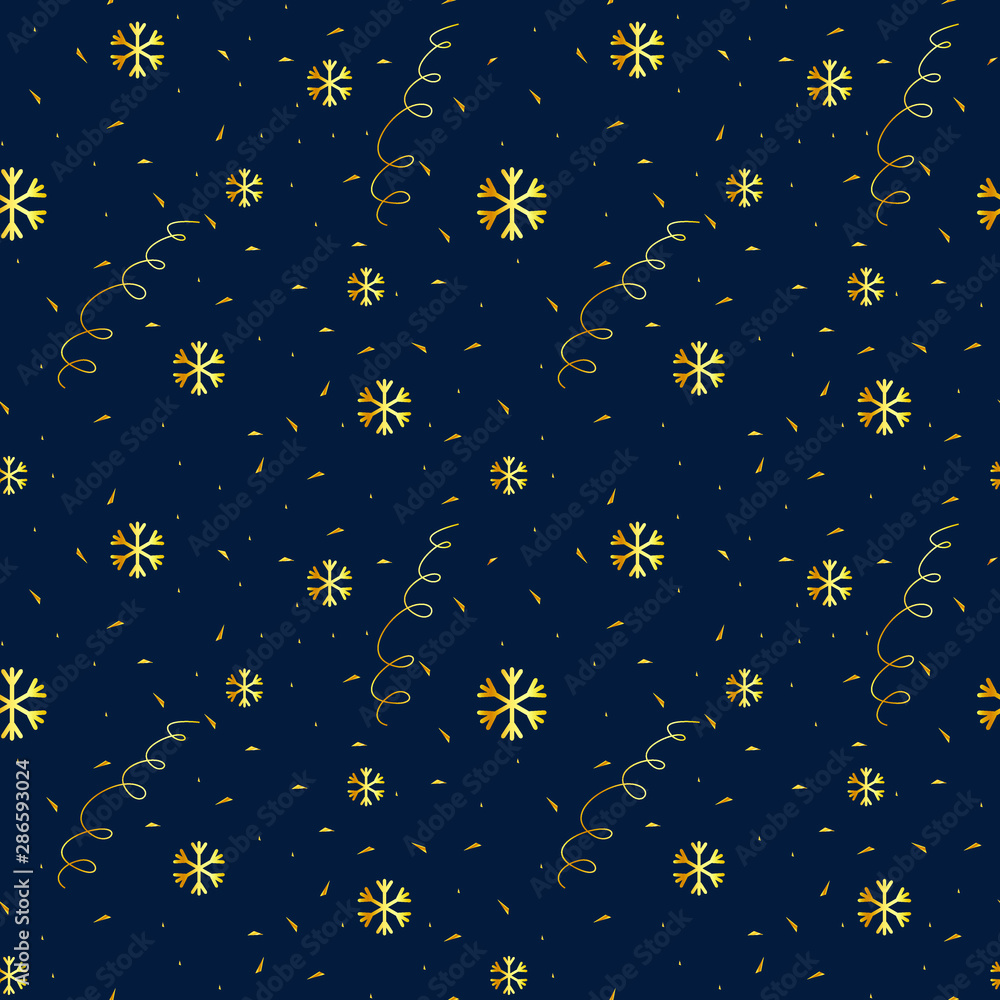 Vector seamless pattern. New Year and Christmas theme. Gold shards and snowflakes on a dark background. Elegant beautiful festive background for greeting card, invitation, clothing, gift paper. Vector seamless pattern. New Year and Christmas theme. Gold shards and snowflakes on a dark background. Elegant beautiful festive background for greeting card, invitation, clothing, gift paper.