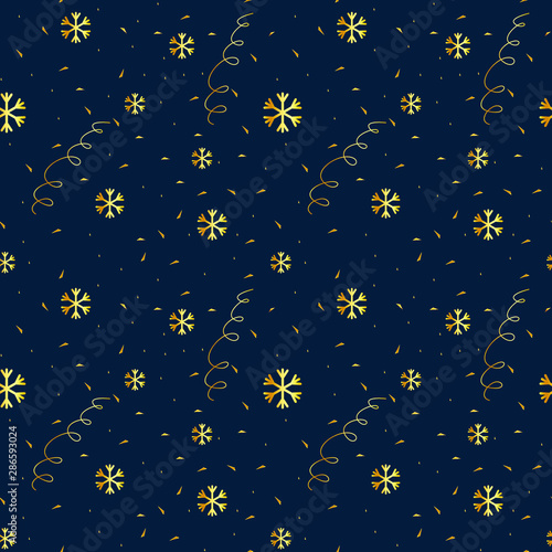 Vector seamless pattern. New Year and Christmas theme. Gold shards and snowflakes on a dark background. Elegant beautiful festive background for greeting card, invitation, clothing, gift paper.