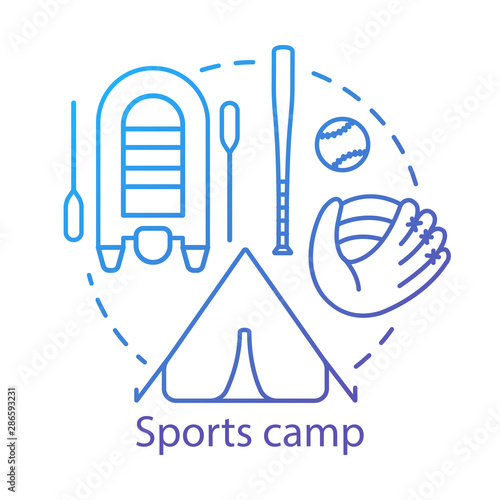 Sports camp concept icon. Summer active and competitive club, holiday resort idea thin line illustration. Sport, health oriented community. Vector isolated outline drawing. Editable stroke