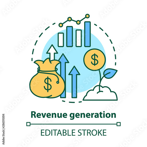 Revenue generation concept icon. Income increase idea thin line illustration. Business development. Sprout with dollar coin. Financing, budgeting. Vector isolated outline drawing. Editable stroke