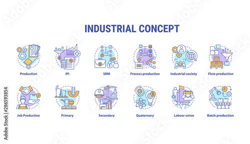 Industrial concept icons set. Economy segment idea thin line illustrations. Primary, secondary, quaternary industry. Batch production, labour union. Vector isolated outline drawings. Editable stroke
