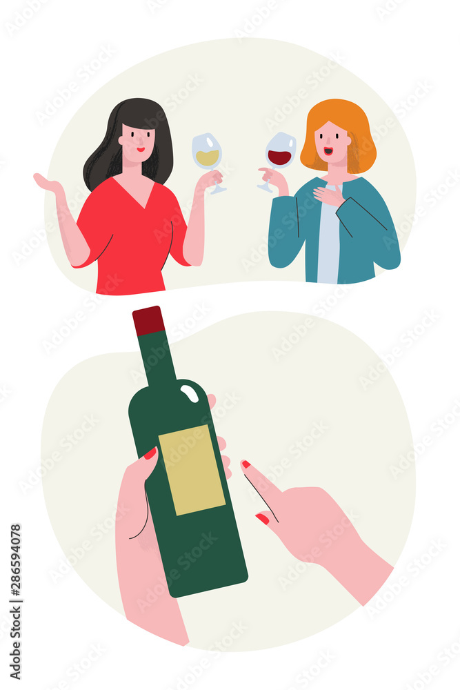 Two ladies wine tasting. Cartoon vector characters of two girlfriends  chatting while drinking red and white wine. A hand holding a bottle with  lable Stock Vector | Adobe Stock