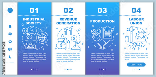 Production process onboarding mobile web pages vector template. Industrial society. Responsive smartphone website interface idea with linear icons. Webpage walkthrough step screens. Color concept