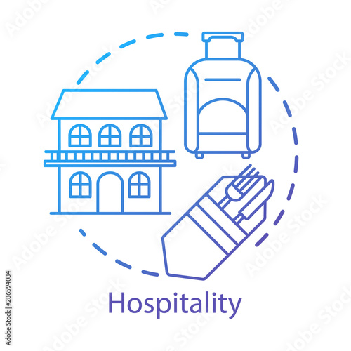 Hospitality concept icon. Lodging industry. Restaurant and hotel service. Accommodation for travelers. Tourist sector idea thin line illustration. Vector isolated outline drawing. Editable stroke