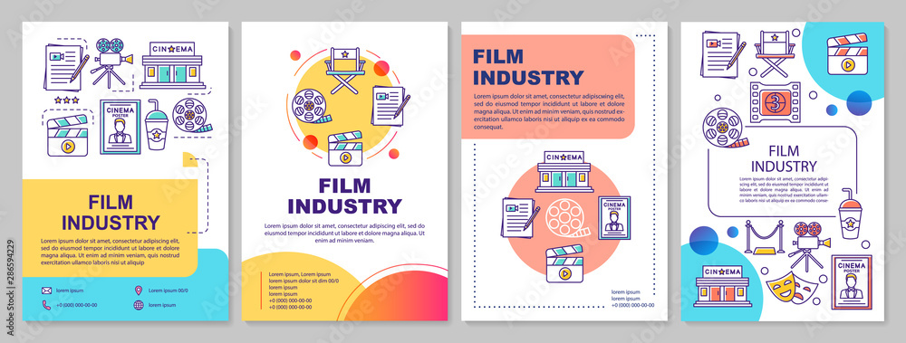 Film industry template layout. Cinematography, video production. Flyer, booklet, leaflet print design with linear illustrations. Vector page layouts for magazines, annual reports, advertising posters