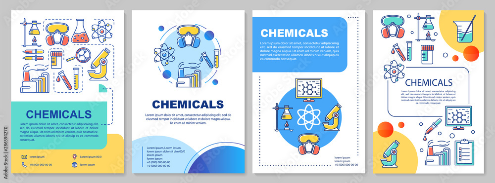 Chemicals industry template layout. Flyer, booklet, leaflet print design with linear illustrations. Scientific research, lab. Vector page layouts for magazines, annual reports, advertising posters