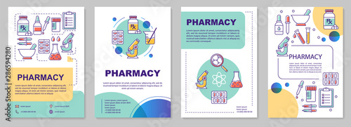Pharmaceutical industry template layout. Drugs production. Flyer, booklet, leaflet print design with linear illustrations. Vector page layouts for magazines, annual reports, advertising posters