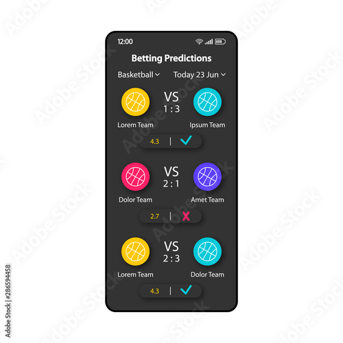 Betting forecast smartphone interface vector template. Mobile app page black design layout. Predicting winner screen. Flat UI for application. Winning team, points spread phone display