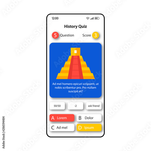 History quiz smartphone interface vector template. Mobile app page white design layout. Questions and answers options screen. Flat UI for application. Intellectual game phone display