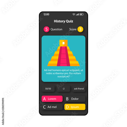 History test quiz smartphone interface vector template. Mobile app page black design layout. Historical facts check screen. Flat UI for application. Question, answers, help tips phone display