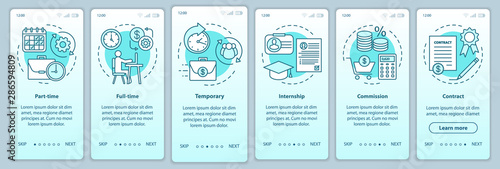 Jobs types turquoise onboarding mobile app page screen vector template. Part-time, temporary, internship. Walkthrough website steps with linear illustrations. UX, UI, GUI smartphone interface concept