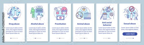 Behavioral problems onboarding mobile app page screen with linear concept. Drug & alcohol abuse, prostitution, sexual harassment walkthrough graphic instructions. UX, UI, GUI vector template with icon