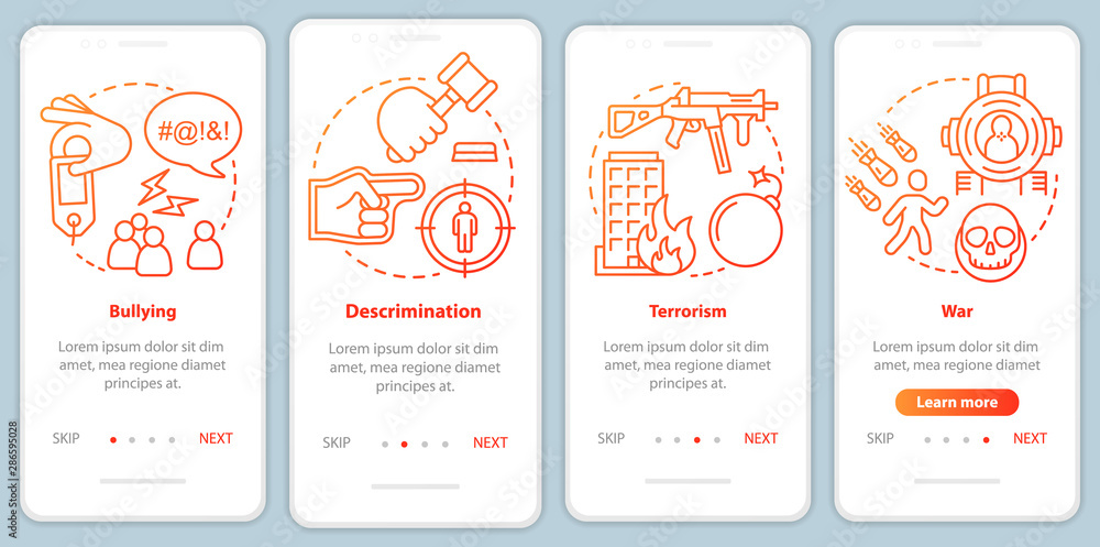 Naklejka premium Social violence onboarding mobile app page screen with linear concepts. Bullying, discrimination, terrorism, war walkthrough steps, instructions. Social issues. UX, UI, GUI vector template with icons